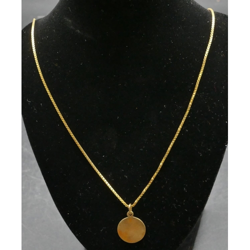 486 - An 18ct gold square linked chain, 60cm long, mounted with 9ct gold circular pendant, 8 grams gross.