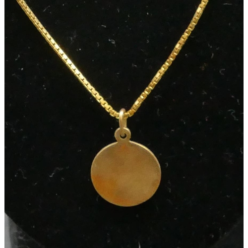 486 - An 18ct gold square linked chain, 60cm long, mounted with 9ct gold circular pendant, 8 grams gross.