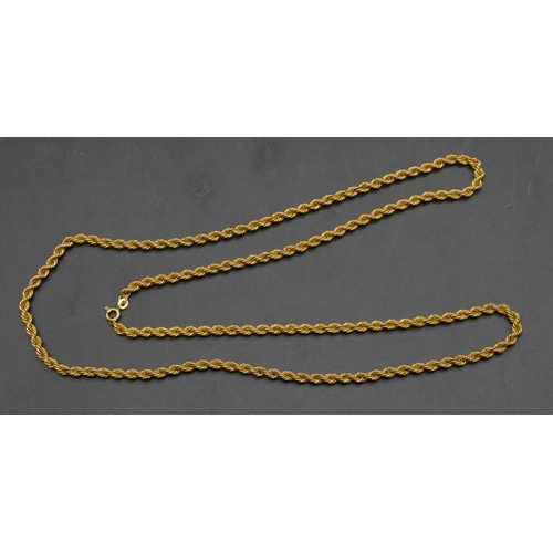 493 - An 18ct gold rope linked necklace, 77.5cm long, 26.6 grams.