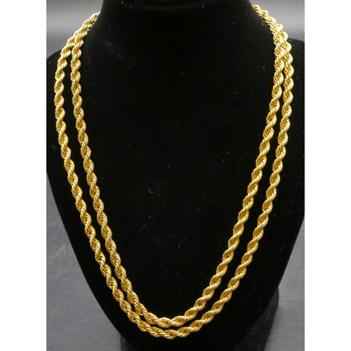 493 - An 18ct gold rope linked necklace, 77.5cm long, 26.6 grams.