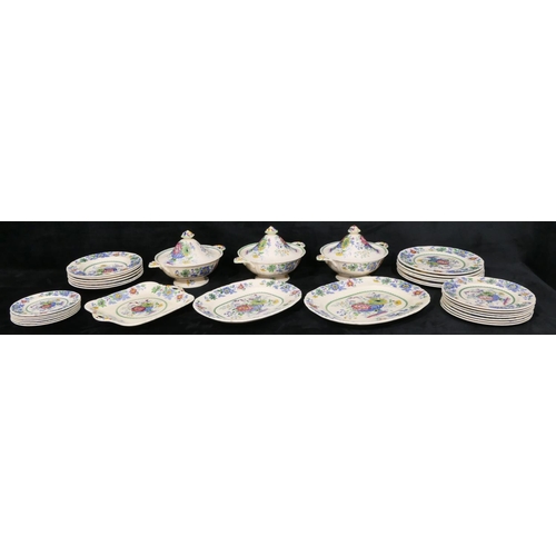 53 - A Mason's Strathmore pattern service, circa 1940, 3 round 2-handled lidded tureens, 2 meat plates, s... 