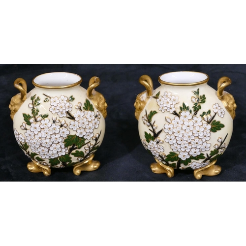 66 - A pair of Coalport moon flask shaped 2-handled vases with allover raised pansy, leaf and gilt decora... 