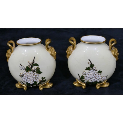 66 - A pair of Coalport moon flask shaped 2-handled vases with allover raised pansy, leaf and gilt decora... 