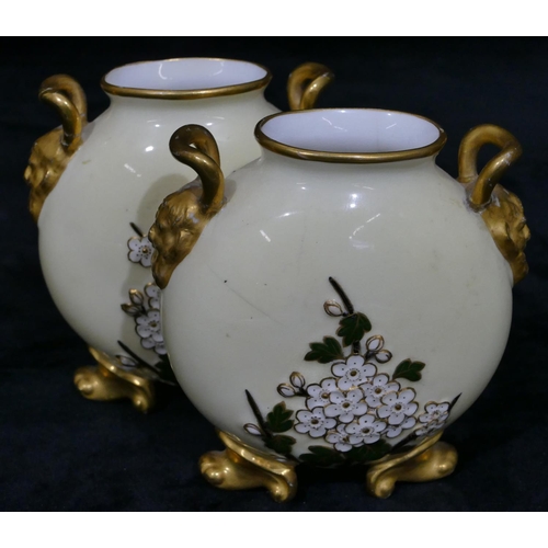 66 - A pair of Coalport moon flask shaped 2-handled vases with allover raised pansy, leaf and gilt decora... 