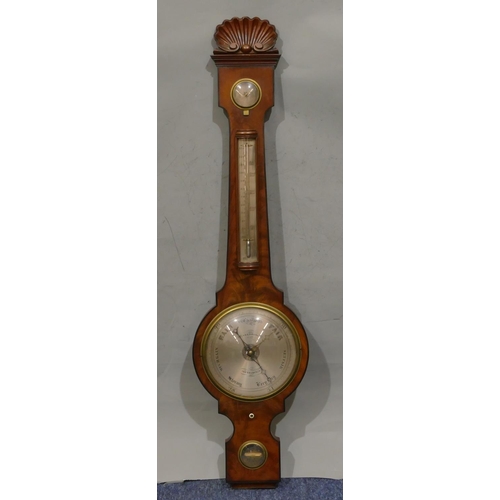 693 - Stebbing, Southampton, 19th Century mahogany banjo barometer with thermometer, with carved shell mot... 