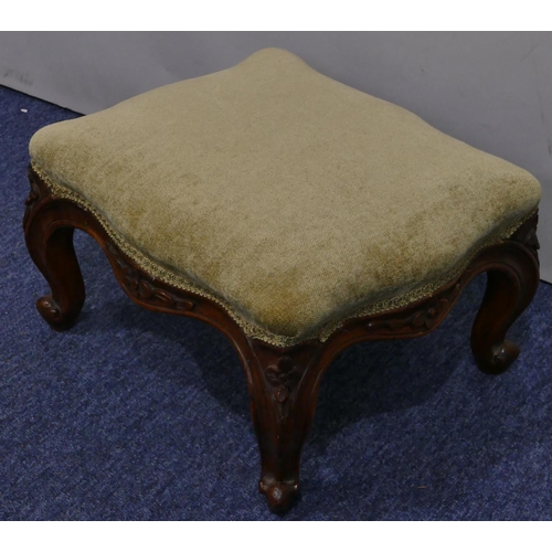 700 - A Victorian walnut rectangular scallop shaped footstool with green velvet overstuffed seat, carved f... 