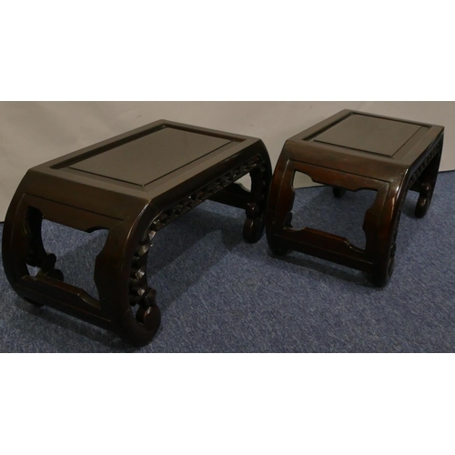 702 - A pair of Oriental rectangular shaped coffee tables with pierced galleries on scroll legs, 65cm wide... 