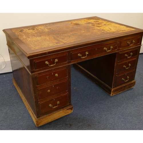 707 - A Maple & Co mahogany partners desk with brown leather inset top, centre drawer flanked by 8 short g... 