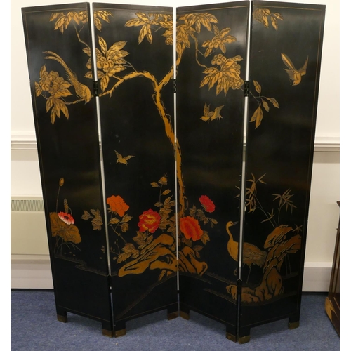 708 - A modern black 4-fold Oriental style dressing screen with allover gilt and coloured bird, branch, fl... 