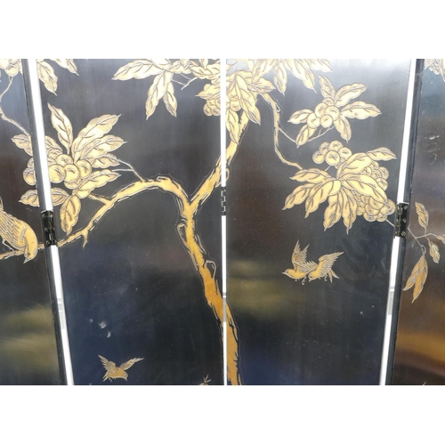 708 - A modern black 4-fold Oriental style dressing screen with allover gilt and coloured bird, branch, fl... 