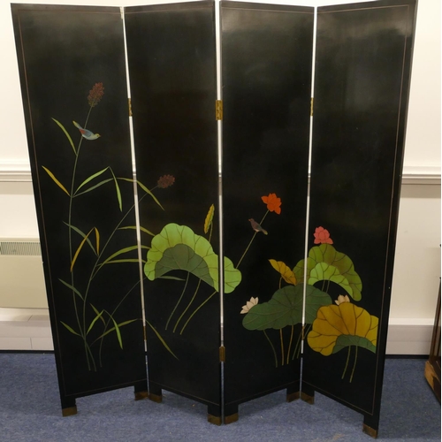 708 - A modern black 4-fold Oriental style dressing screen with allover gilt and coloured bird, branch, fl... 