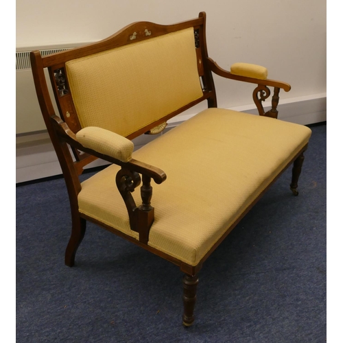 710 - An Edwardian mahogany 2-seater settee with inlaid shell, floral, leaf and stringing decoration, yell... 