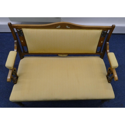 710 - An Edwardian mahogany 2-seater settee with inlaid shell, floral, leaf and stringing decoration, yell... 