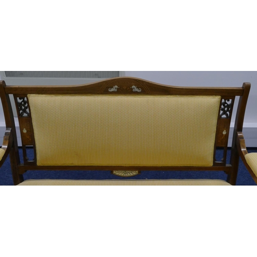 710 - An Edwardian mahogany 2-seater settee with inlaid shell, floral, leaf and stringing decoration, yell... 