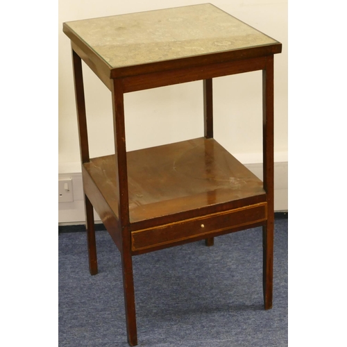 715 - A 19th Century mahogany square washstand with tapestry and glass top with under tier and set with si... 