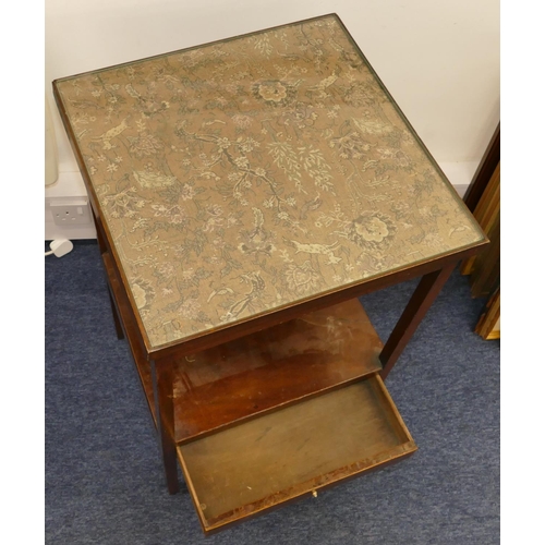 715 - A 19th Century mahogany square washstand with tapestry and glass top with under tier and set with si... 