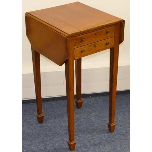 716 - An Edwardian mahogany worktable with banded decoration, drop leaves with 2 drawers and 2 dummy drawe... 