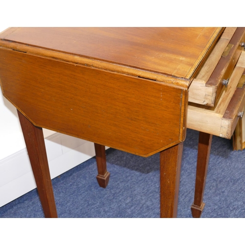 716 - An Edwardian mahogany worktable with banded decoration, drop leaves with 2 drawers and 2 dummy drawe... 