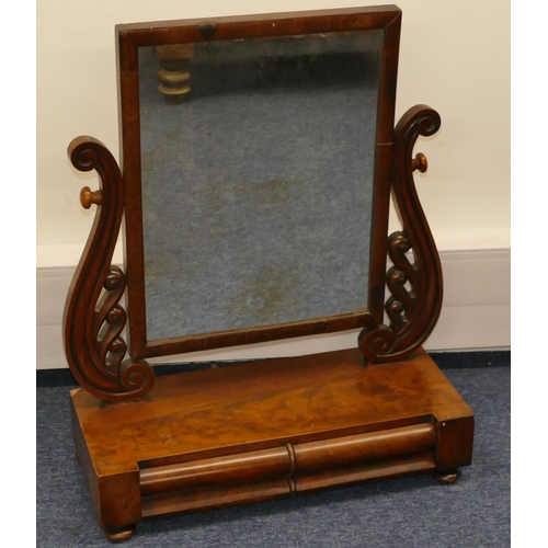 720 - A 19th Century mahogany swing toilet mirror with scroll supports, 2 drawers below on bun feet, 56cm ... 