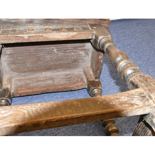 723 - An early oak joint stool with raised studded frieze, on round turned legs with stretchers, 45.5cm wi... 