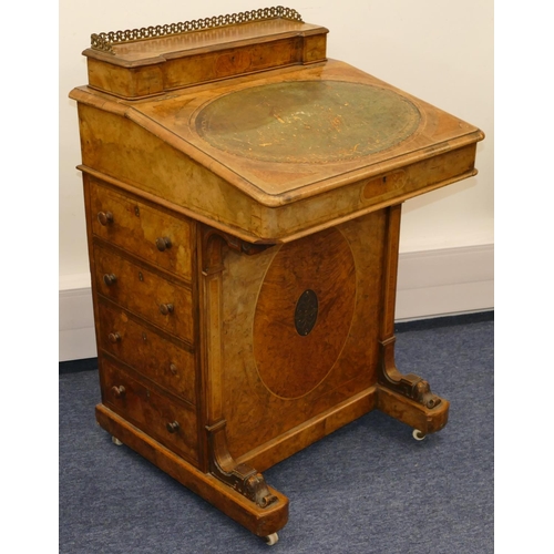 725 - A Victorian burr walnut Davenport with allover inlaid banding and stringing, sloping hinged front in... 