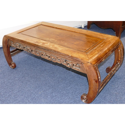 727 - A Chinese hardwood low rectangular shaped coffee table with pierced key pattern frieze, on scroll le... 