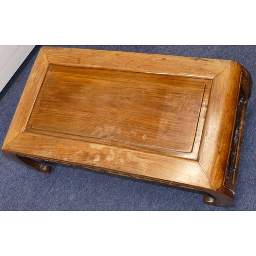 727 - A Chinese hardwood low rectangular shaped coffee table with pierced key pattern frieze, on scroll le... 