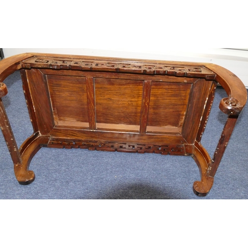 727 - A Chinese hardwood low rectangular shaped coffee table with pierced key pattern frieze, on scroll le... 