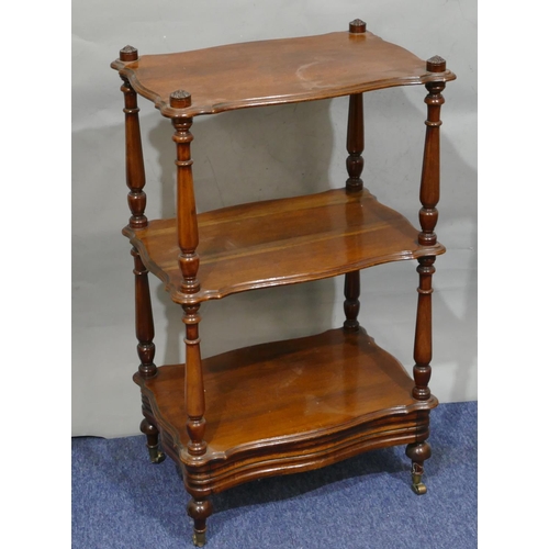 729 - A 19th Century mahogany 3-tier rectangular scallop shaped whatnot on round turned supports, single d... 