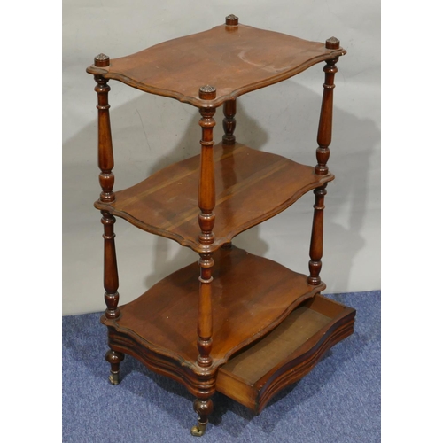 729 - A 19th Century mahogany 3-tier rectangular scallop shaped whatnot on round turned supports, single d... 