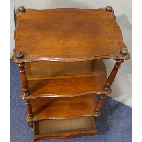 729 - A 19th Century mahogany 3-tier rectangular scallop shaped whatnot on round turned supports, single d... 