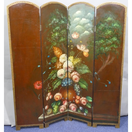 733 - A 4-fold painted screen with arched top, gilt metal studs, painted floral centre, plain to back, 180... 