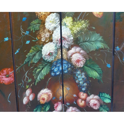 733 - A 4-fold painted screen with arched top, gilt metal studs, painted floral centre, plain to back, 180... 