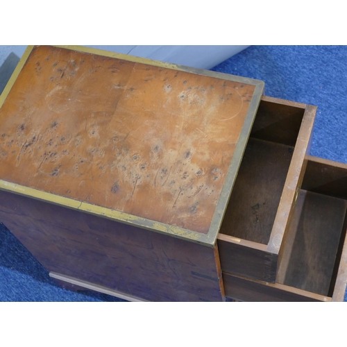 734 - A burr maple wood small chest with brass banding, 3 drawers with inset brass handles, on bracket fee... 