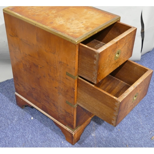 734 - A burr maple wood small chest with brass banding, 3 drawers with inset brass handles, on bracket fee... 