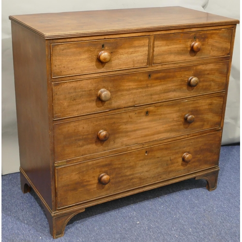 738 - A 19th Century mahogany straight front chest of drawers, 2 short and 3 long graduated drawers with g... 