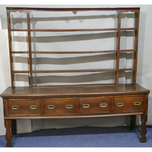 739 - A 17th/18th Century oak dresser base, 4 drawers with later inset brass handles, shaped splat front l... 