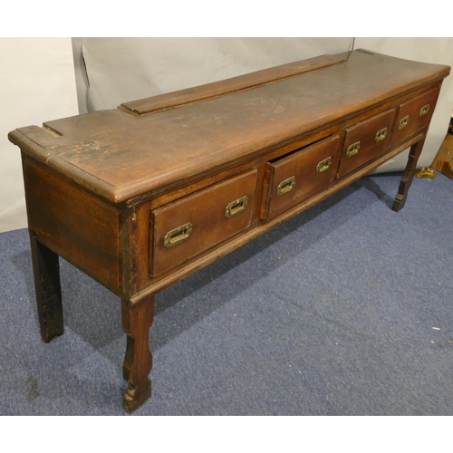 739 - A 17th/18th Century oak dresser base, 4 drawers with later inset brass handles, shaped splat front l... 