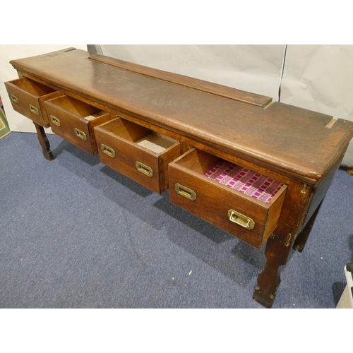 739 - A 17th/18th Century oak dresser base, 4 drawers with later inset brass handles, shaped splat front l... 