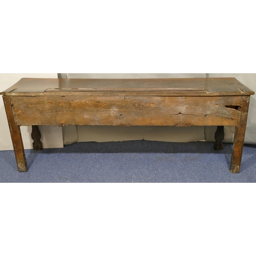 739 - A 17th/18th Century oak dresser base, 4 drawers with later inset brass handles, shaped splat front l... 