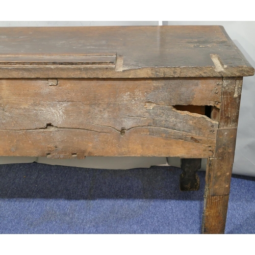 739 - A 17th/18th Century oak dresser base, 4 drawers with later inset brass handles, shaped splat front l... 