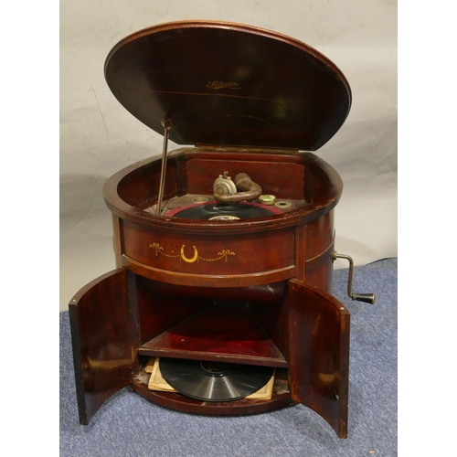 741 - An Edwardian Selecta mahogany domed front gramophone with allover inlaid and painted horseshoe, ribb... 