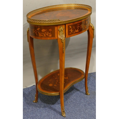 748 - A 19th Century oval marquetry side table with pierced gilt and metal gallery top, marquetry vase, fl... 