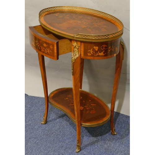 748 - A 19th Century oval marquetry side table with pierced gilt and metal gallery top, marquetry vase, fl... 