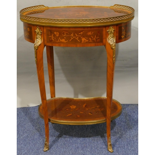 748 - A 19th Century oval marquetry side table with pierced gilt and metal gallery top, marquetry vase, fl... 