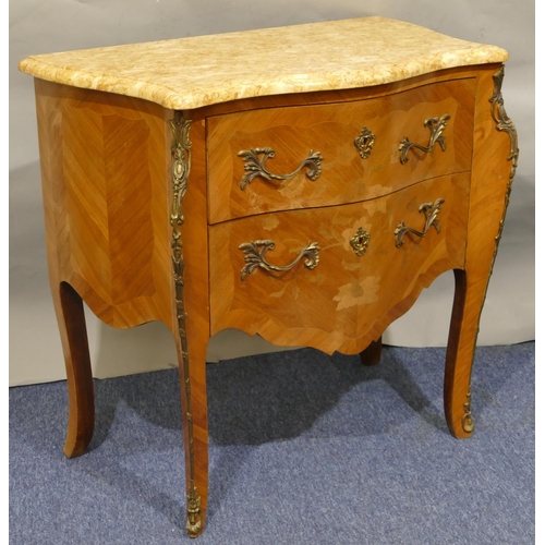 752 - A 20th Century Continental serpentine fronted marble topped commode with inlaid floral, leaf and str... 