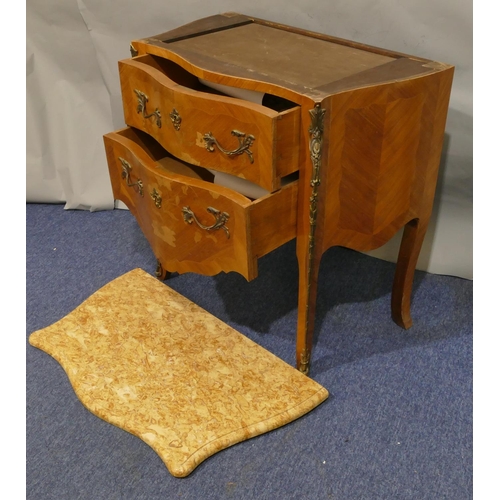 752 - A 20th Century Continental serpentine fronted marble topped commode with inlaid floral, leaf and str... 