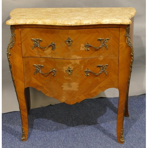 752 - A 20th Century Continental serpentine fronted marble topped commode with inlaid floral, leaf and str... 