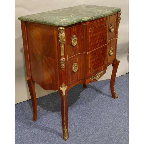 753 - An early 20th Century Continental Kingwood breakfront commode with green marble top, 2 drawers with ... 