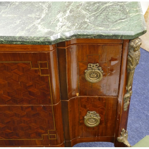 753 - An early 20th Century Continental Kingwood breakfront commode with green marble top, 2 drawers with ... 